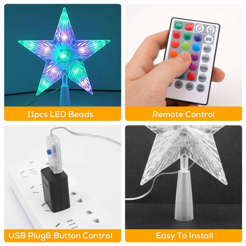 MAXROCK Christmas Tree Topper Star 7" LED Lighted Star Tree Top w/Remote Control, 5-Point Star RGB Night Light Treetop, Small Xmas Tree Decor for Christmas, USB Plug in/Wire 9.84Ft - Image 5